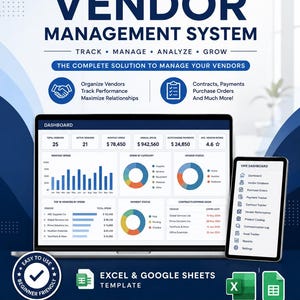 Op de afbeelding: Een alles-in-één sjabloon voor leveranciersbeheer voor Excel en Google Sheets. Het display toont een dashboard met grafieken, leveranciersgegevens en prestatiecijfers op een laptop en mobiel apparaat met geautomatiseerde rapportage.