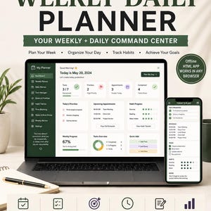 May include: A digital weekly and daily planner displayed on a laptop screen and a smartphone. The interface features a dark green sidebar, white background, and various task management modules including priorities, appointments, and habit tracking.