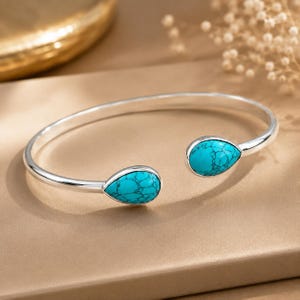 Handgjort armband i turkos 925 sterlingsilver, öppet armband med naturlig ädelsten, bohemiska västerländska smycken, present till henne