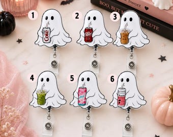 Cute Halloween Ghost Badge Reel, Spooky Iced Coffee Soda Can Retractable ID Badge Clip, Acrylic Nurse Badge Holder, Funny Autumn Gift
