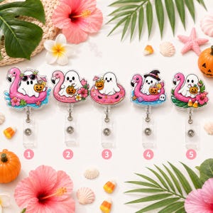 May include: Five badge reels featuring white ghosts in pink flamingo or donut floats with tropical flowers, pumpkins, and drinks. Each ghost has a unique accessory like sunglasses or a witch hat. Numbered one through five in pink circles.