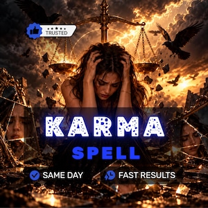 Puede incluir: Un gráfico digital que muestra a una persona con las manos en la cabeza, rodeada de espejos rotos y cuervos volando ante un atardecer dorado. El texto dice: TRUSTED, KARMA SPELL, SAME DAY, FAST RESULTS. Incluye una balanza de justicia dorada.