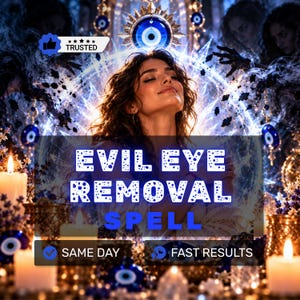 May include: A digital graphic featuring a person with eyes closed surrounded by glowing blue evil eye symbols, candles, and smoke. The text reads "EVIL EYE REMOVAL SPELL" in large white letters, with "TRUSTED", "SAME DAY", and "FAST RESULTS" labels.