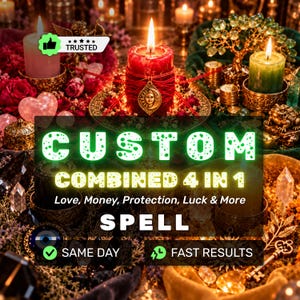 Puede incluir: Una vela roja con un dije dorado de sol y luna, rodeada de velas verdes y rosas, cristales, monedas y una figura de árbol. Texto: CUSTOM COMBINED 4 IN 1 SPELL, Love, Money, Protection, Luck & More, TRUSTED, SAME DAY, FAST RESULTS.