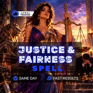 May include: A digital illustration featuring a person in a purple gown holding a gold scale of justice, with a lion statue and a person in a suit nearby. Text reads: TRUSTED, JUSTICE & FAIRNESS SPELL, SAME DAY, FAST RESULTS.