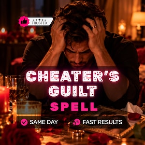 Puede incluir: Un gráfico digital con el texto CHEATER'S GUILT SPELL en letras blancas y rosas. Una insignia de TRUSTED con cinco estrellas aparece arriba a la izquierda. Las etiquetas inferiores incluyen SAME DAY y FAST RESULTS con iconos.