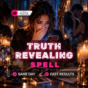 Puede incluir: Una persona mira un teléfono inteligente con expresión angustiada, rodeada de velas y un espejo. La imagen incluye el texto TRUTH REVEALING SPELL, TRUSTED, SAME DAY y FAST RESULTS. La escena está tenuemente iluminada por velas.