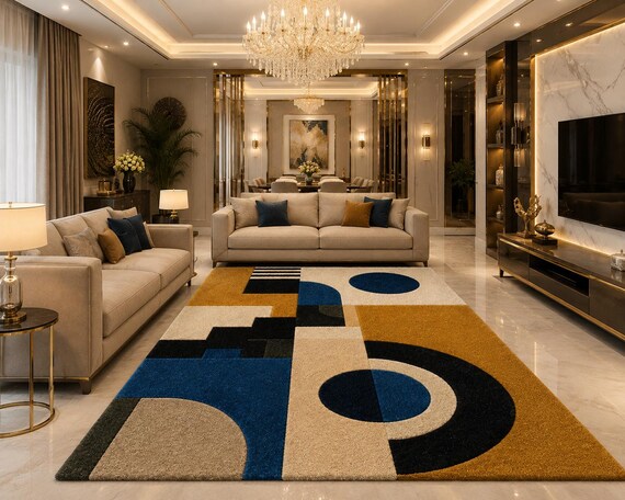 Modern Geometric Area Rug, Hand Tufted Abstract Carpet, Navy Blue Mustard Yellow Rug, Mid Century Living Room Decor