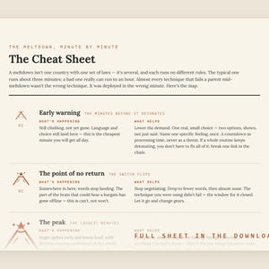 May include: A printed informational guide titled The Cheat Sheet, The Meltdown, Minute by Minute. It outlines three stages: Early warning, The point of no return, and The peak, with corresponding icons, descriptions of what is happening, and what helps.