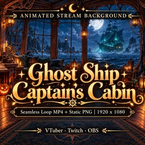 Geanimeerde streamachtergrond, spookschipkapiteinshut Halloween, naadloze loop MP4 + PNG, piratenschipkamer, VTuber Twitch OBS
