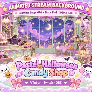 Animierter Stream-Hintergrund, Pastellfarbener Halloween-Süßigkeitenladen, Nahtlose Schleife MP4 + PNG, Niedlicher Kawaii-Süßigkeitenladen, Minze-Lavendel, VTuber Twitch OBS