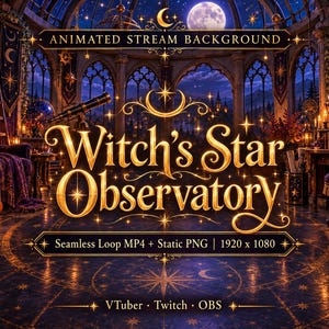 Geanimeerde streamachtergrond, Heksensterrenobservatorium Halloween, Naadloze loop MP4 + PNG, Hemelse Heksenkamer, VTuber Twitch OBS