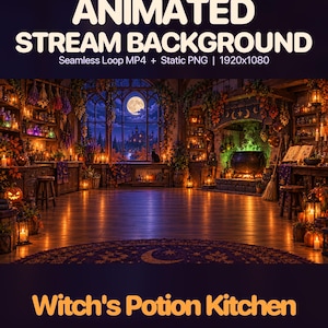 Animerad strömningsbakgrund från häxdrycksköket, Halloween VTuber OBS-scen (MP4 + PNG)