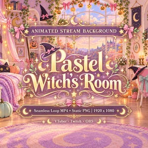 Animated Stream Background, Pastel Witch's Room Halloween, Seamless Loop MP4 + PNG, Cute Pink Kawaii Halloween, VTuber Twitch OBS