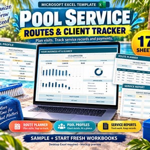 Puede incluir: Una plantilla de Microsoft Excel para rutas de servicio de piscinas y seguimiento de clientes en una pantalla de portátil. El panel digital muestra métricas comerciales, informes de servicio y herramientas de planificación en 17 hojas de cálculo.