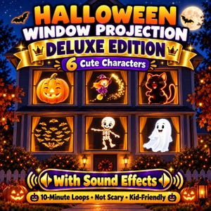 Op de afbeelding: Een Halloween raamprojectie deluxe editie set met 6 schattige karakters waaronder een pompoen, een heks, een zwarte kat, vleermuizen, een skelet en een geest. De set bevat geluidseffecten en loops van 10 minuten voor een kindvriendelijke ervaring.