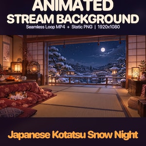Puede incluir: Un fondo de stream animado con una habitación japonesa, un kotatsu, un gato calicó durmiendo y una vista nocturna nevada. El texto dice: ANIMATED STREAM BACKGROUND, Seamless Loop MP4 + Static PNG | 1920x1080, Japanese Kotatsu Snow Night.