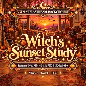 Animated Stream Background, Witch's Sunset Study Halloween, Seamless Loop MP4 + PNG, Cozy Autumn Fireplace Room, VTuber Twitch OBS