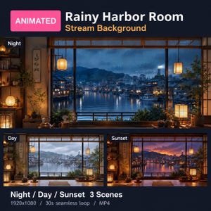 Op de afbeelding: Een geanimeerde stream-achtergrond genaamd Rainy Harbor Room met drie scènes: nacht, dag en zonsondergang. Het uitzicht toont een haven met gebouwen en boten door een raam, verlicht door warme hangende lantaarns in een kamer met planken.