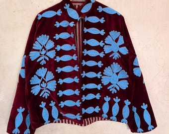 Burgundy Velvet Embroidered Jacket, Handcrafted Suzani Floral Jacket, Blue Folk Embroidery Coat