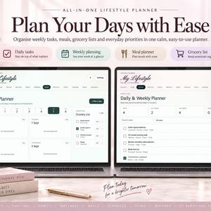 Op de afbeelding: Twee laptops met een digitale lifestyle-planner interface genaamd My Lifestyle. De schermen tonen maaltijdplanning, boodschappenlijstjes en dagelijkse taken. De tekst bevat Plan Your Days with Ease, Less Stress More You en Plan today for a brighter tomorrow.
