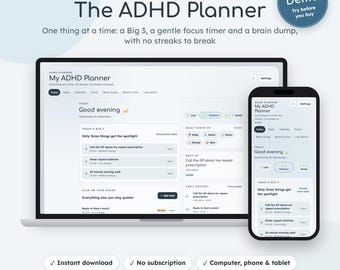 Digitales Dashboard für ADHS-Planer | Fokus-Timer, Gedankenspeicher, Routine-Tracker (Digitaler Download)