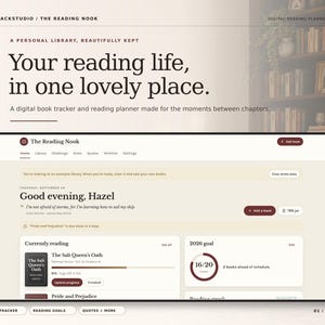 May include: A digital reading planner interface titled The Reading Nook, featuring a dashboard with sections for currently reading books, a 2026 reading goal progress circle, and a greeting for Hazel, all set against a cream and dark brown color palette.
