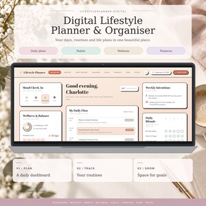May include: A digital lifestyle planner and organizer displayed on a laptop screen. The interface features sections for daily plans, habits, wellness, and finances. Text includes Digital Lifestyle Planner & Organiser, Mood Check In, My Daily Flow, and Weekly Intentions. The color palette consists of soft beige, cream, and muted pastel tones.