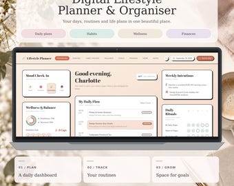 Digitale Lifestyle- und Tagesplaner-App | Stimmung, Wohlbefinden, Ziele, Budget | HTML, kein Notion