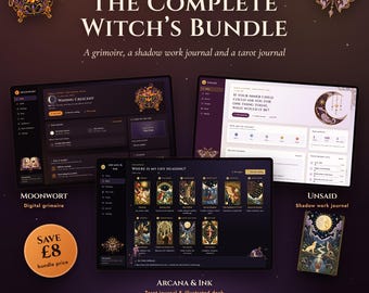Complete Witch Bundle: Digital Grimoire, Shadow Work Journal & Tarot Journal with Illustrated Deck | Book of Shadows | Witchy Gift