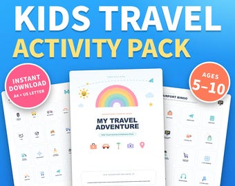 Druckbares Reise-Aktivitätsbuch für Kinder | Spiele für die Autofahrt, Flughafen-Bingo, Urlaubstagebuch | Alter 5-10