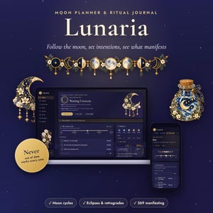 Moon Phase Planner & Ritual Journal | Undated Lunar Calendar, Moon Cycle Intentions, 369 Manifesting | Digital Witchy Planner