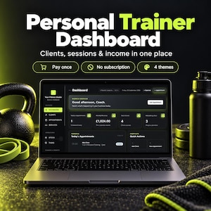 May include: A laptop displaying a Personal Trainer Dashboard interface with text including Clients, sessions & income in one place, Pay once, No subscription, and 4 themes. The screen shows business metrics, appointments, and client records.