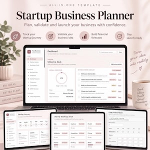Peut inclure: Un modèle numérique de planificateur d'entreprise startup affiché sur un ordinateur portable et trois tablettes. L'écran montre un tableau de bord avec une liste de contrôle, un parcours de startup et des prévisions. Texte : Startup Business Planner.