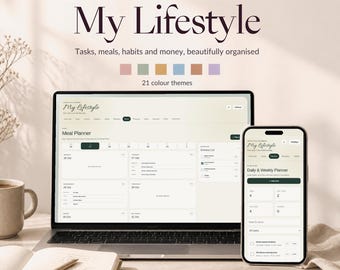 May include: A digital lifestyle planner displayed on a laptop and smartphone screen, featuring the text My Lifestyle, Tasks, meals, habits and money, beautifully organised, and 21 colour themes. The interface shows a meal planner and daily task list.