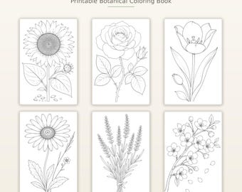Realistic Flower Coloring Pages, 6 Printable Botanical Designs for Adults, Instant Download PDF, Stress Relief Activity, US Letter