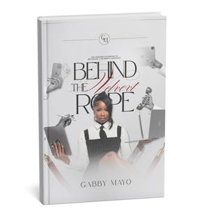 May include: A white hardback book titled Behind the Velvet Rope by Gabby Mayo. The cover features a person in a black and white pinstriped waistcoat and white shirt, surrounded by floating hands holding a phone, tablet, pen, and telephone.
