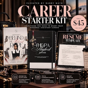 Könnte beinhalten: Ein Karriere-Starter-Set mit dem Buch Behind the Velvet Rope von Gabby Mayo, einem schwarzen PA Playbook-Planer mit Anhänger und einem Laptop, der eine Lebenslaufvorlage anzeigt. Das Set enthält Text über den Start einer Karriere als Assistent.