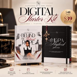 May include: A digital starter kit featuring a book titled Behind the Velvet Rope by Gabby Mayo and a black PA Playbook planner with a gold charm. The set includes a black mug with Assistant Era text, a black pen, and digital icons for an ebook.