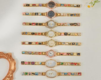 Pulsera con dije italiano de oro, reloj de pulsera con eslabones esmaltados personalizados, pulsera tipo brazalete única