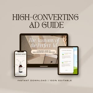May include: A digital guide titled HIGH-CONVERTING AD GUIDE featuring a laptop, smartphone, and tablet displaying The Anatomy of the Perfect Ad, product name, and customer reviews. The layout includes text, graphics, and a dropper bottle image.