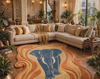 May include: An area rug with an irregular, organic shape featuring a central blue elephant graphic. The rug has a textured pile with concentric wavy bands in shades of cream, light yellow, and burnt orange surrounding the elephant design.