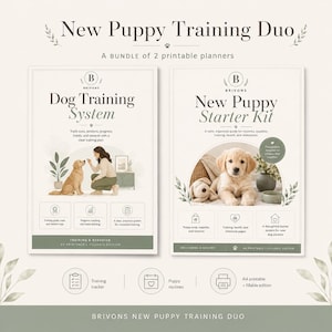 May include: A digital bundle of two printable planners titled New Puppy Training Duo, featuring the Dog Training System and New Puppy Starter Kit. Each page includes text, icons, and illustrations of a golden puppy, with A4 printable fillable edition.