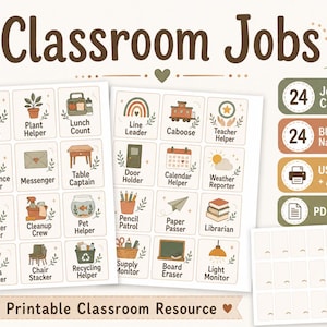 May include: A set of printable classroom job cards featuring illustrations and text labels like Tech Helper, Plant Helper, and Librarian. The resource includes 24 job cards, 24 blank name cards, and is available in US Letter and A4 sizes as PDF and PNG files.