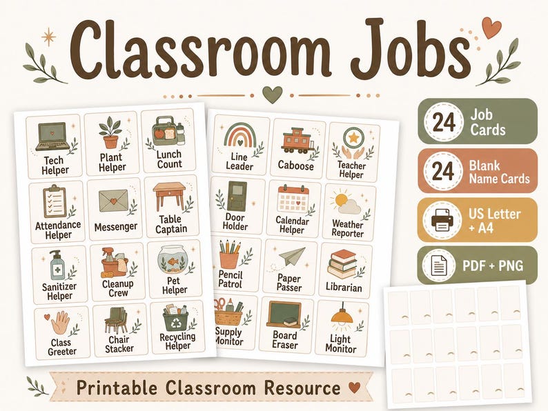 Boho Neutral Classroom Jobs Display, 24 Job Cards, Blank Name Cards ...