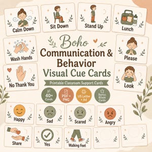 Peut inclure: Un ensemble de cartes de repères visuels imprimables intitulées Boho Communication & Behavior Visual Cue Cards. Les cartes présentent des illustrations d'enfants et des icônes représentant des actions et des émotions comme Calm Down, Sit Down, Lunch et Happy.
