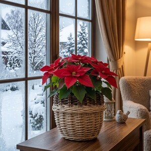Può includere: Una vivace pianta di stella di Natale rossa con foglie verde scuro in un vaso a cestino intrecciato bicolore. Il cestino presenta un bordo superiore marrone scuro e una sezione inferiore beige più chiara, con un design intrecciato testurizzato.