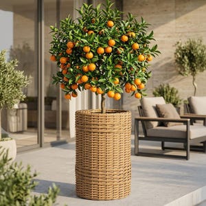 May include: A potted orange tree with vibrant green leaves and numerous small, round, bright orange fruits. The tree is planted in a tall, cylindrical, light brown woven wicker planter that features a consistent, tight basket-weave pattern.