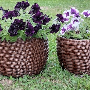 Puede incluir: Dos maceteros redondos de mimbre trenzado marrón oscuro con flores de petunia. El macetero izquierdo contiene petunias de color púrpura intenso, mientras que el derecho presenta petunias blancas con centros púrpuras. Ambos tienen textura.
