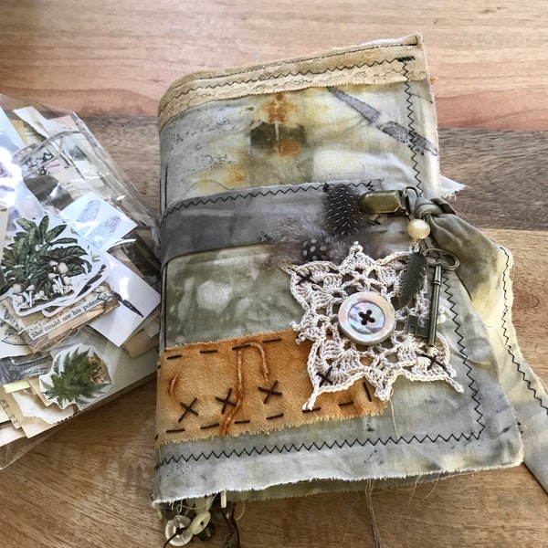 Junk Journal, nature journal, grimoire - Handmade with my eco print fabric cover,lots of grungy, vintage, & ecodyed ephemera